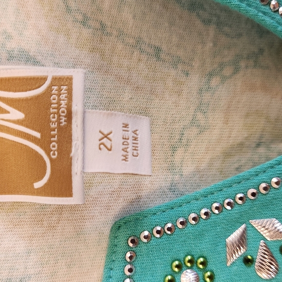 JM Collection 3/4 Sleeve Teal Paisley Design Tunic Shirt. Embellished Sz 2X NWOT - Picture 3 of 13